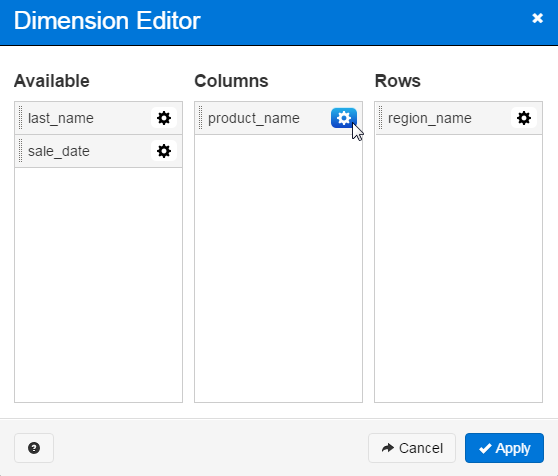 The Dimension Editor lists available dimensions (product name, region name, last name, and sale date) on the left.  click and drag dimensions as desired into the list of columns or rows.